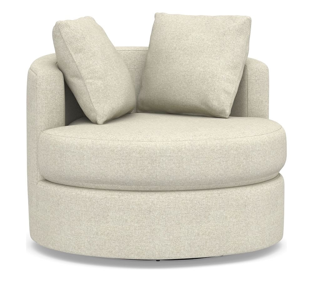 Balboa Upholstered Swivel Armchair, Standard Cushions, Performance Heathered Basketweave Alabaster White - Image 0