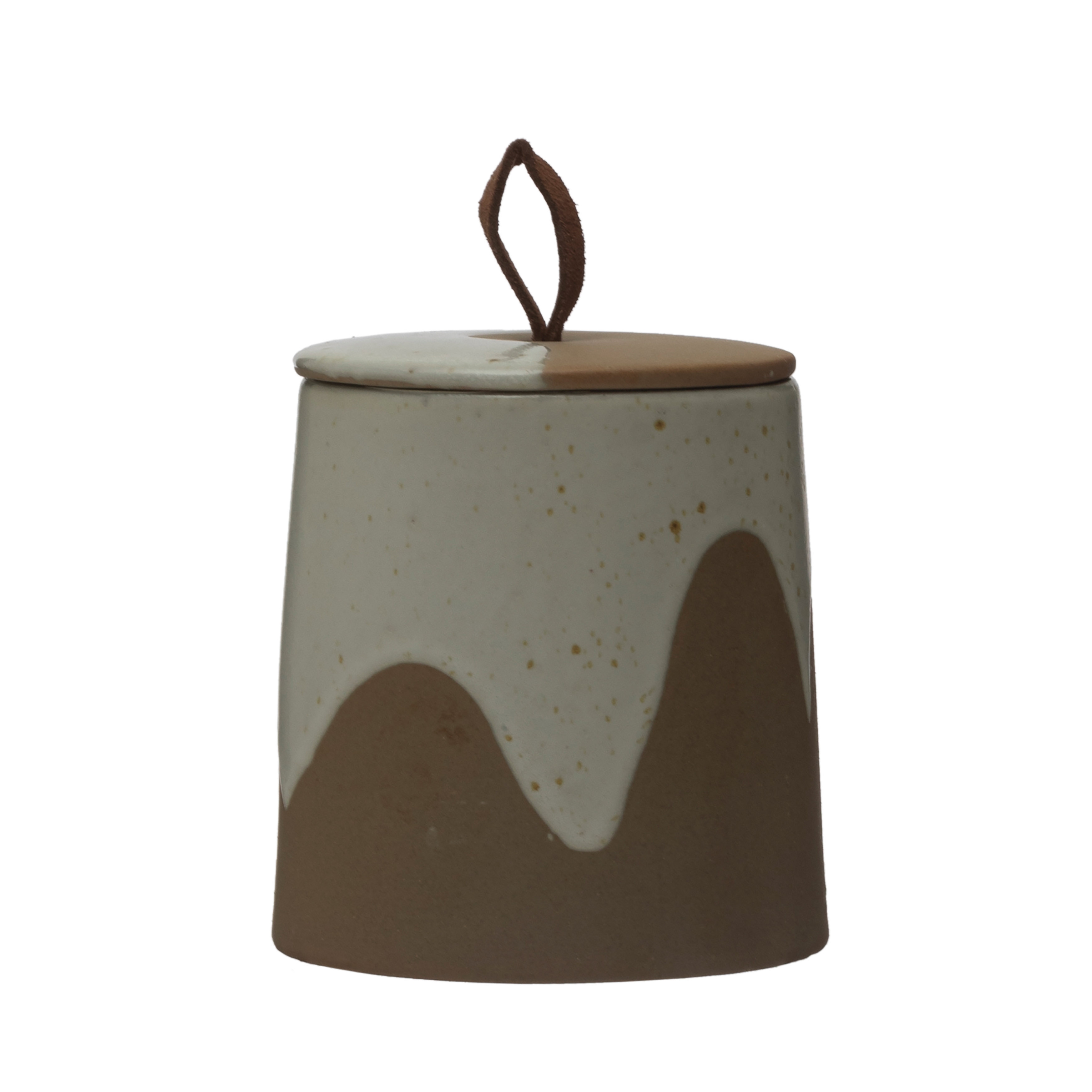  Stoneware Canister with Leather Loop, Speckled Cream and Brown Reactive Glaze - Image 0