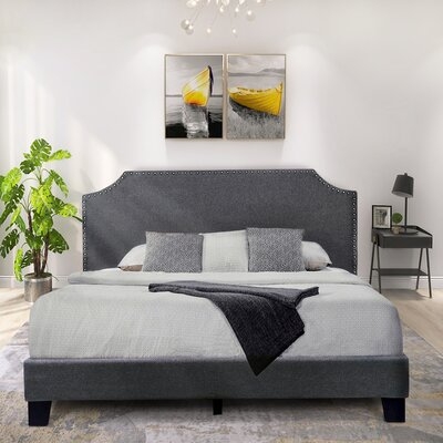 TOPMAX Upholstered Platform Bed Frame With Light Grey Fabric Nailhead Trim Headboard And Wood Slats, King Size - Image 0