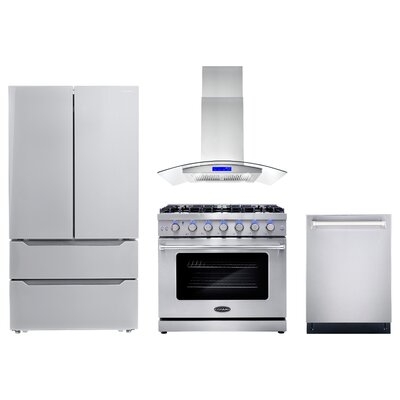 4 Piece Kitchen Package with 36" Freestanding Gas Range  36" Island Mount Range Hood 24" Built-in Fully Integrated Dishwasher & Energy Star French Door Refrigerator - Image 0