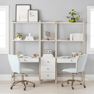 Highland Double Wall Desk & Narrow Bookshelf Set, Simply White/Weathered White - Image 4