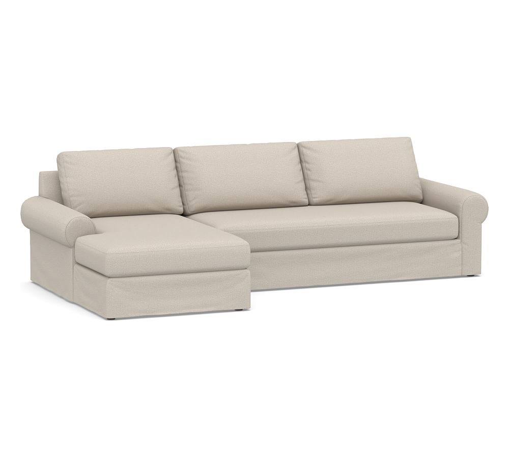 Big Sur Roll Arm Slipcovered Right Arm Sofa with Chaise Sectional and Bench Cushion, Down Blend Wrapped Cushions, Performance Chateau Basketweave Oatmeal - Image 0