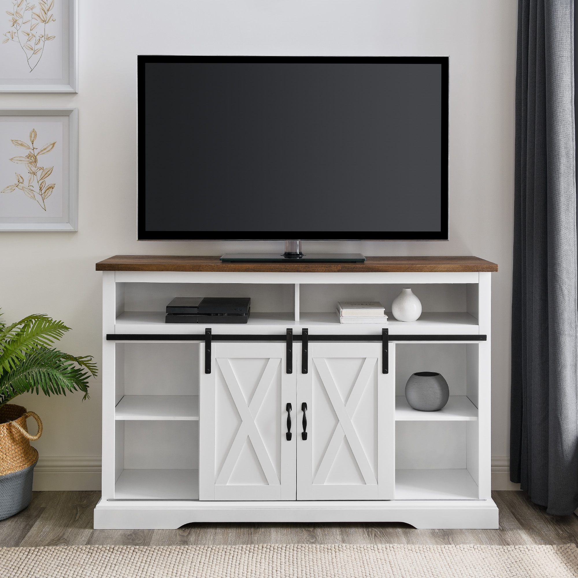 52" Sliding Barn Door Highboy Modern Farmhouse TV Stand - Solid White/Rustic Oak - Image 6