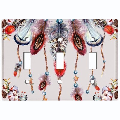 Metal Light Switch Plate Outlet Cover (Colorful Feather Dream Catcher Gray  - Triple Toggle) - Image 0