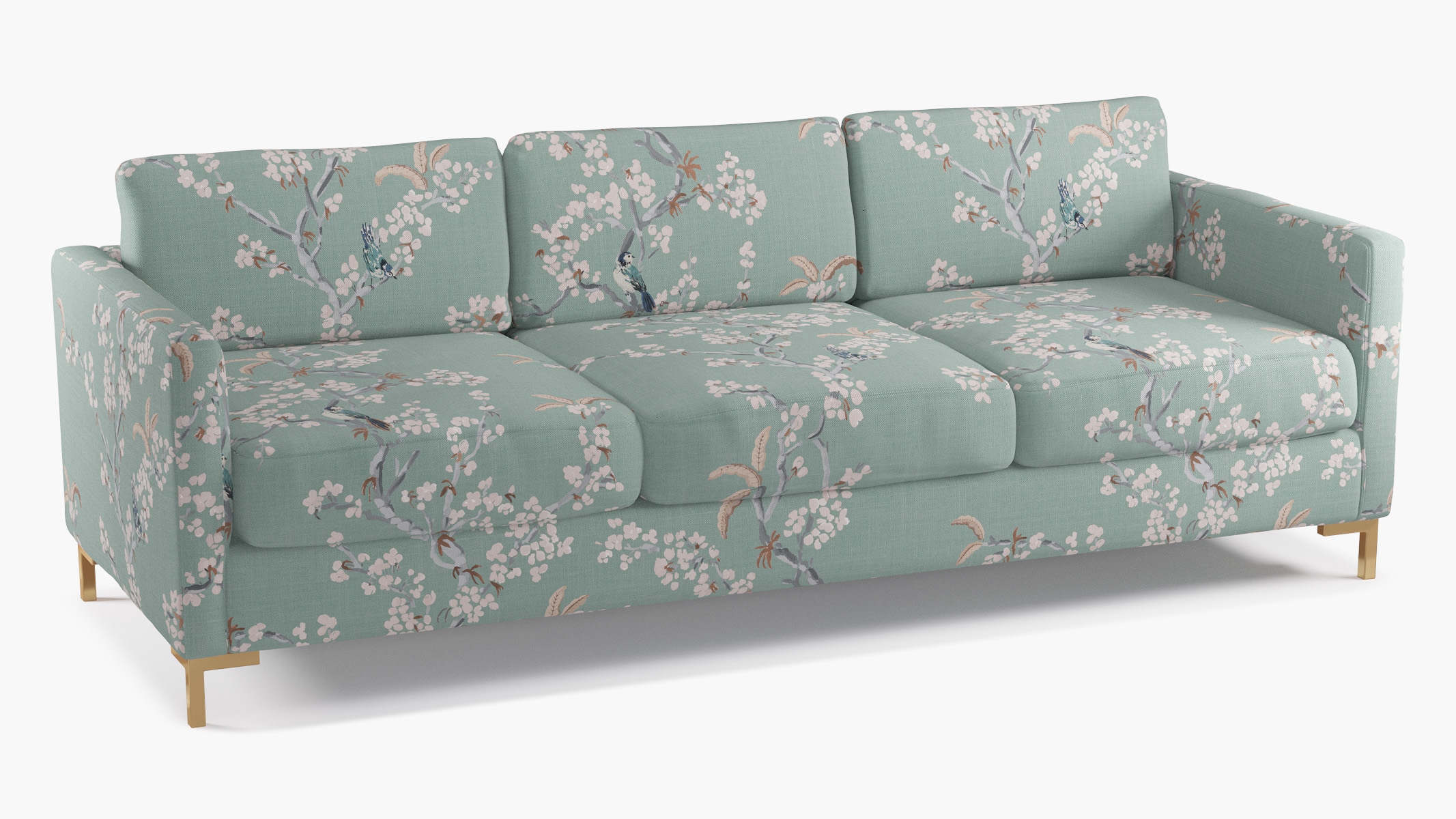 Modern Sofa, Mint Cherry Blossom, Brass L Leg - Image 1