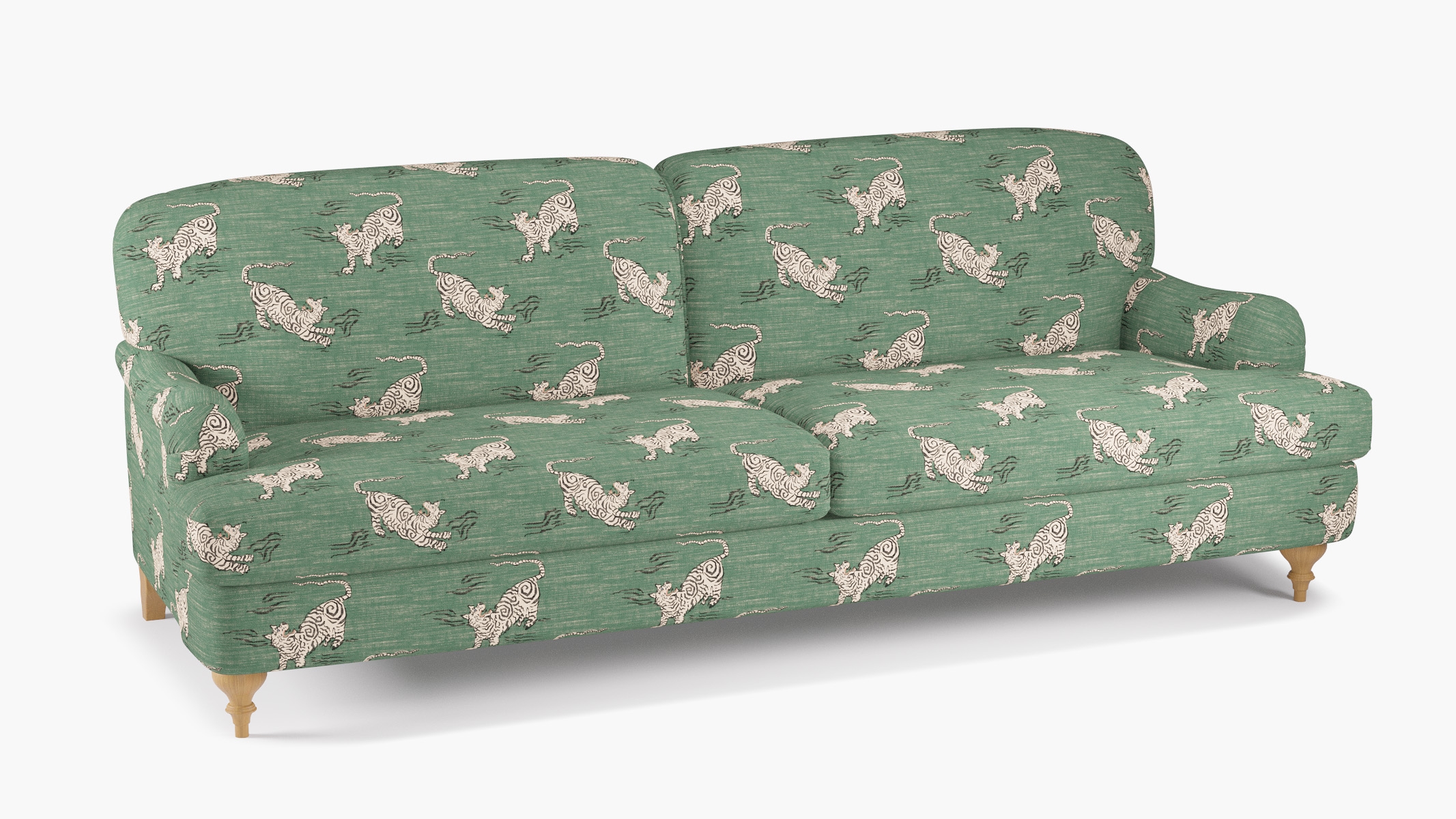 English Roll Arm Sofa, Emerald Tigresse, Natural Turned Wood Leg - Image 1