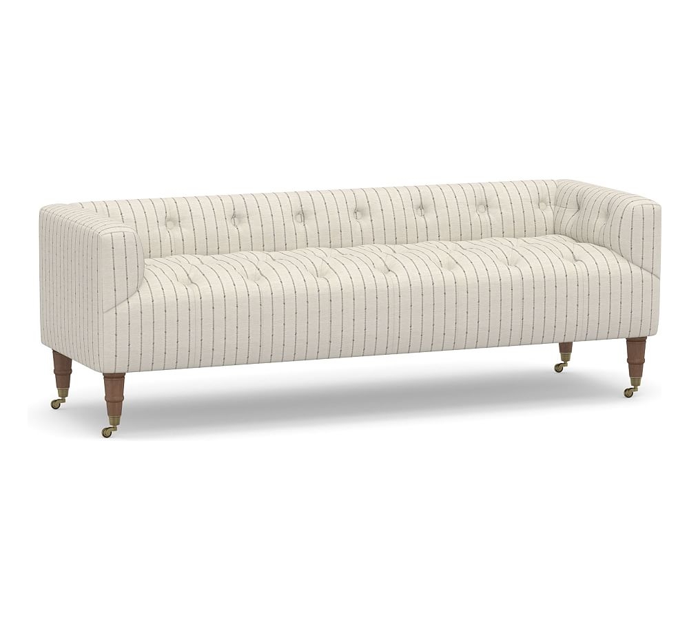 Colt Upholstered Settee, Polyester Wrapped Cushions, Slubby Pinstripe Oatmeal - Image 0