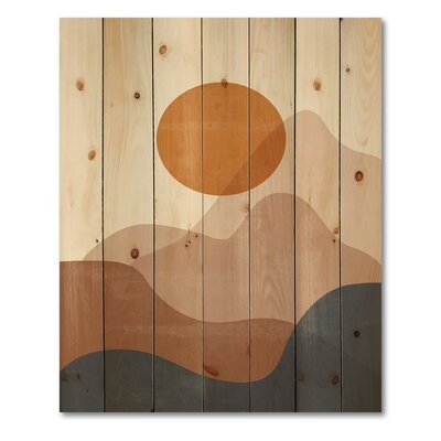 Abstract Red Moon In Earth Toned Mountains II - Modern Print On Natural Pine Wood - Image 0