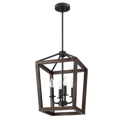 4-Light Lantern Geometric Chandelier, Adjustable Height Lantern Pendant Light With Oak Wood And Iron Finish - Image 0