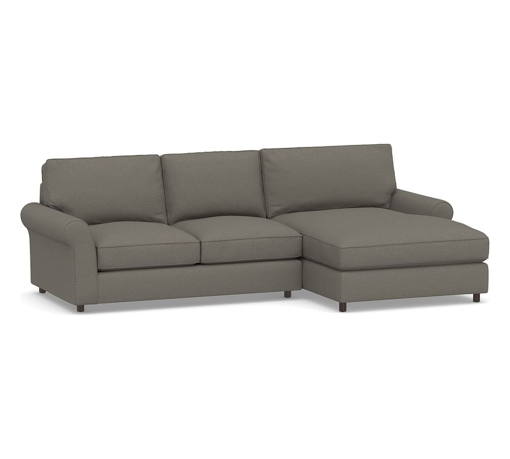 PB Comfort Roll Arm Upholstered Left Arm Loveseat with Double Chaise Sectional, Box Edge Down Blend Wrapped Cushions, Chunky Basketweave Metal - Image 0