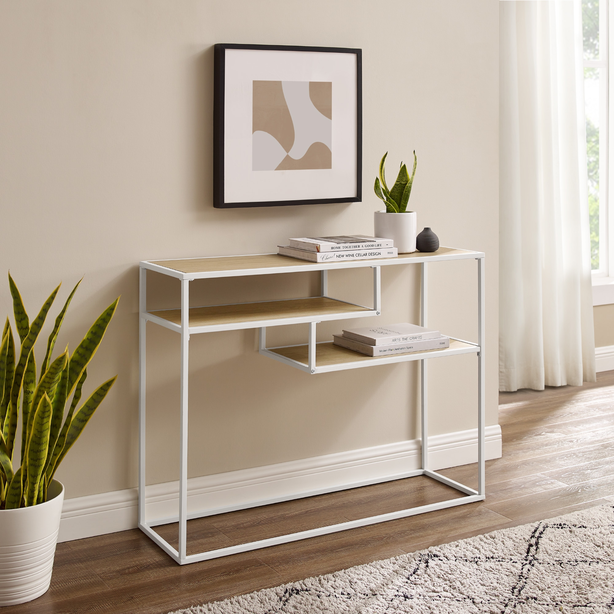 Modern Minimal Floating Shelf Entryway Table – Coastal Oak / White - Image 4