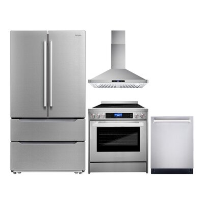 4 Piece Kitchen Package With 30" Freestanding Electric Range 30" Wall Mount Hood 24" Built-in Fully Integrated Dishwasher & Energy Star French Door Refrigerator - Image 0