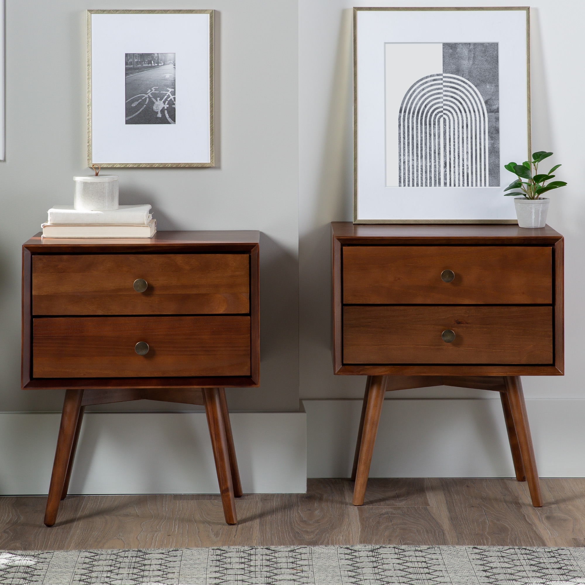 Mid Century Modern 2-Piece 2 Drawer Solid Wood Nightstand Set - Walnut - Image 5