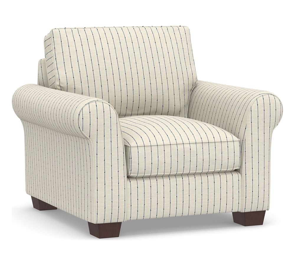 PB Comfort Roll Arm Upholstered Armchair 40", Box Edge Memory Foam Cushions, Slubby Pinstripe Blue - Image 0