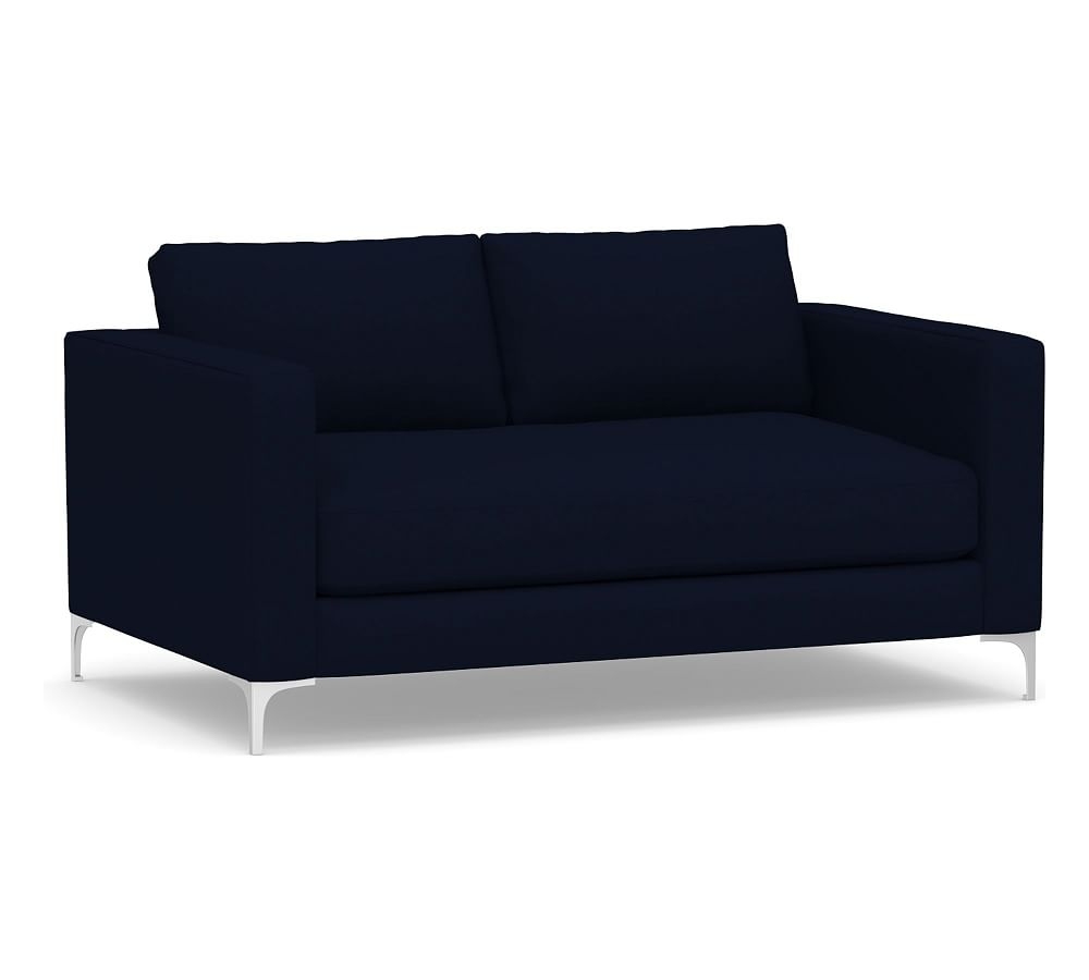 Jake Upholstered Apartment Sofa 63" with Brushed Nickel Legs, Polyester Wrapped Cushions, Performance Everydaylinen(TM) by Crypton(R) Home Navy - Image 0