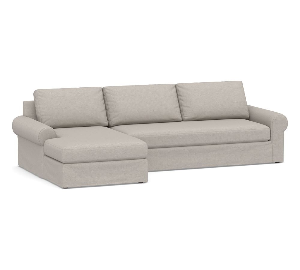 Big Sur Roll Arm Slipcovered Right Arm Sofa with Chaise Sectional and Bench Cushion, Down Blend Wrapped Cushions, Chunky Basketweave Stone - Image 0