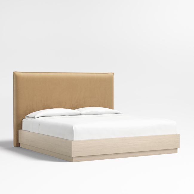 Arvada 54" Camel Brown Upholstered King Headboard with Batten White Oak Bed Base - Image 0