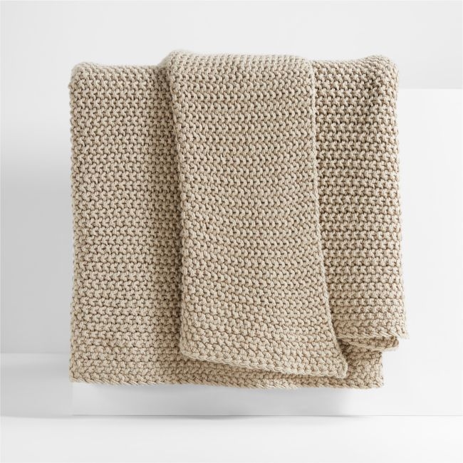 Organic Cotton 80"x80" Sand Beige Chunky Hand-Knit Bed Throw Blanket - Image 0