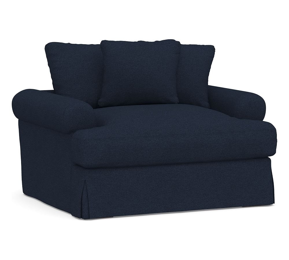 Sullivan Roll Arm Slipcovered Deep Seat Chair-and-a-Half, Down Blend Wrapped Cushions, Performance Heathered Basketweave Navy - Image 0