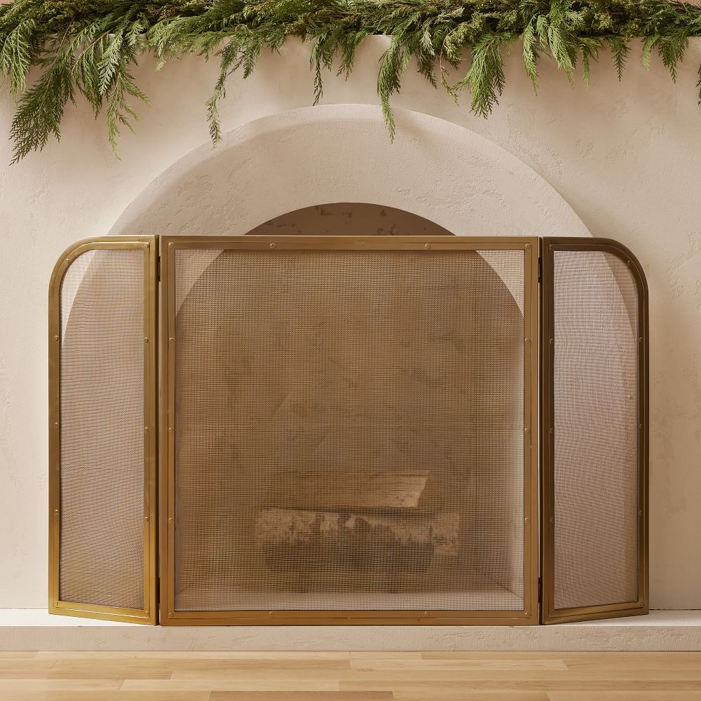 Deco Fireplace Tri Fold Screen Antique Brass - Image 0