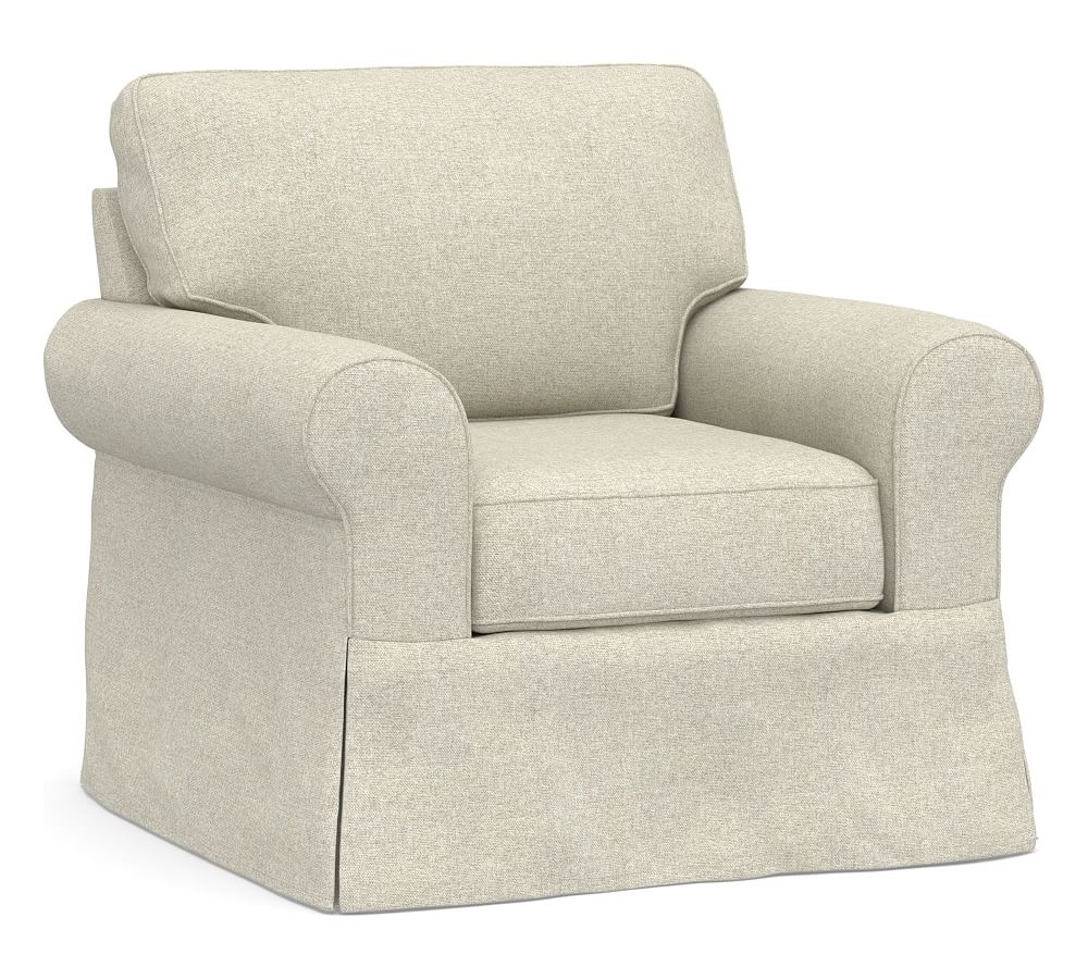 Buchanan Roll Arm Slipcovered Armchair, Polyester Wrapped Cushions, Performance Heathered Basketweave Alabaster White - Image 0