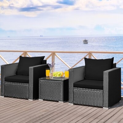 Ebern Designs 3pcs Rattan Patio Conversation Furniture Set Outdoor Sofa Set W/ Cushions - Image 0