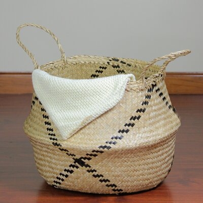 17" Beige Seagrass Belly Basket With Black Designs And Handles - Image 0