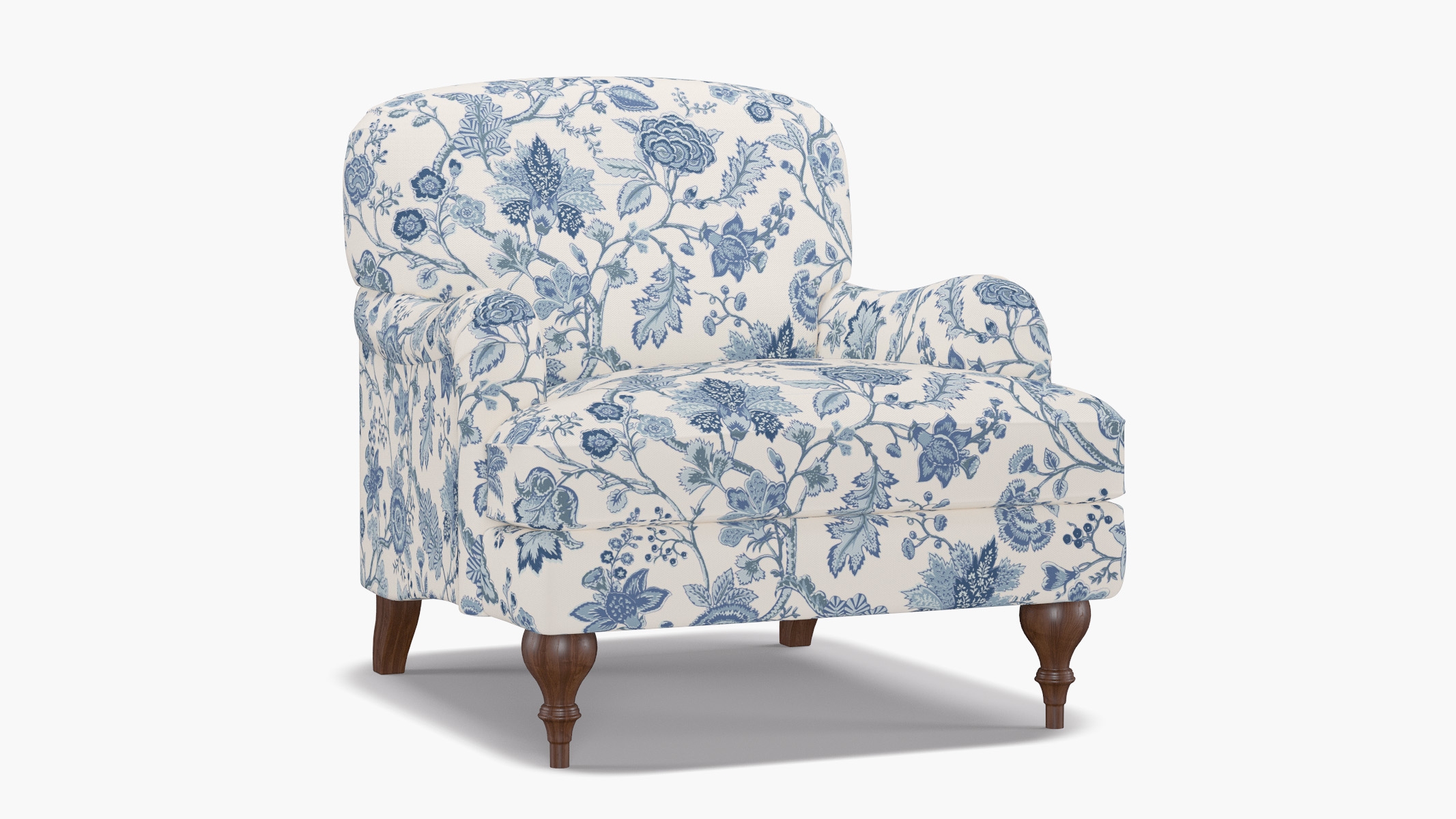 English Roll Arm Chair, Delft La Vendee, Walnut Turned Wood Leg - Image 1