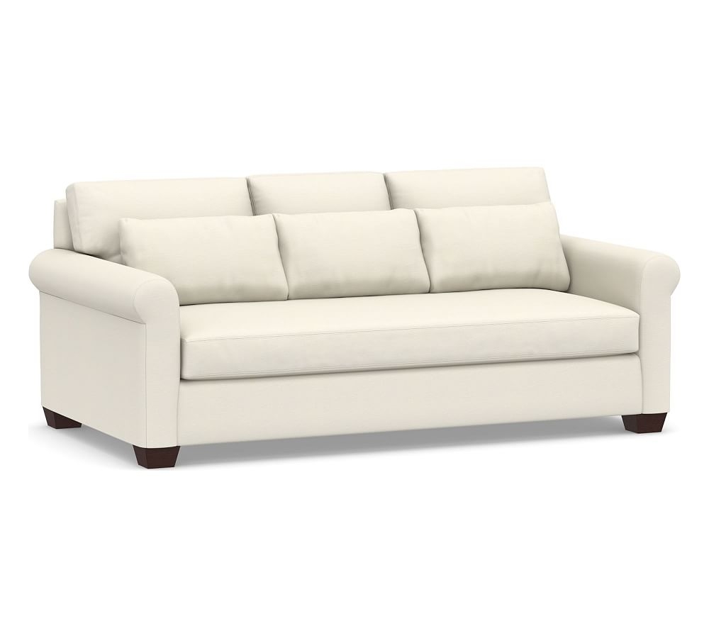 York Roll Arm Upholstered Deep Seat Sofa 84" with Bench Cushion, Down Blend Wrapped Cushions, Textured Twill Ivory - Image 0