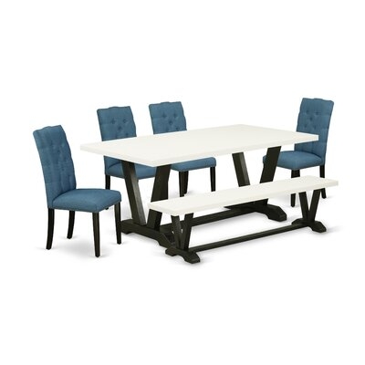 7BCF8FDA34204839A203151B641EA5A1 6Pc Dining Set - A Kitchen Table, Bench And 4 Linen Fabric Kitchen Chairs With Nail Heads, Distressed Jacobean & Wire Brushed Black Finish - Image 0