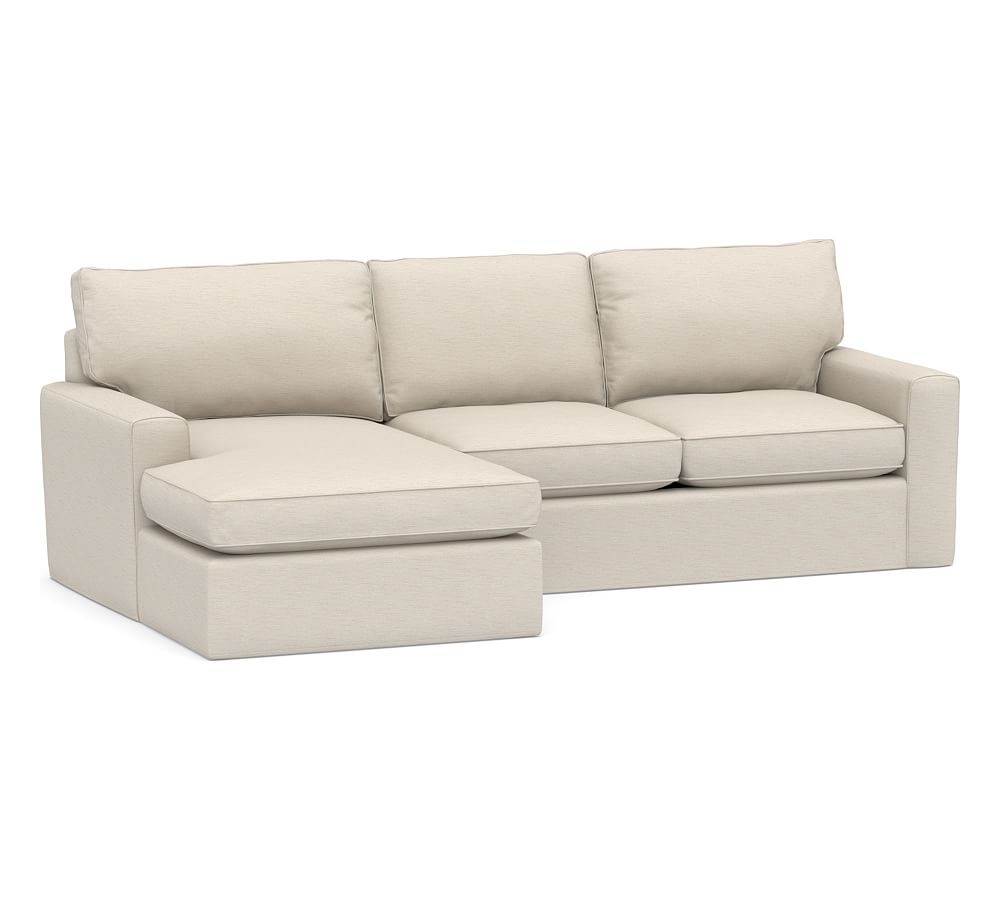 Pearce Square Arm Slipcovered Right Arm Loveseat with Wide Chaise Sectional, Down Blend Wrapped Cushions, Performance Slub Cotton Stone - Image 0