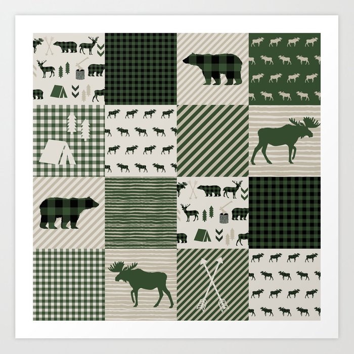 Camping Hunter Green Plaid Quilt Cheater Quilt Baby Nursery Cute Pattern Bear Moose Cabin Life Art Print by Charlottewinter - Large - Image 0