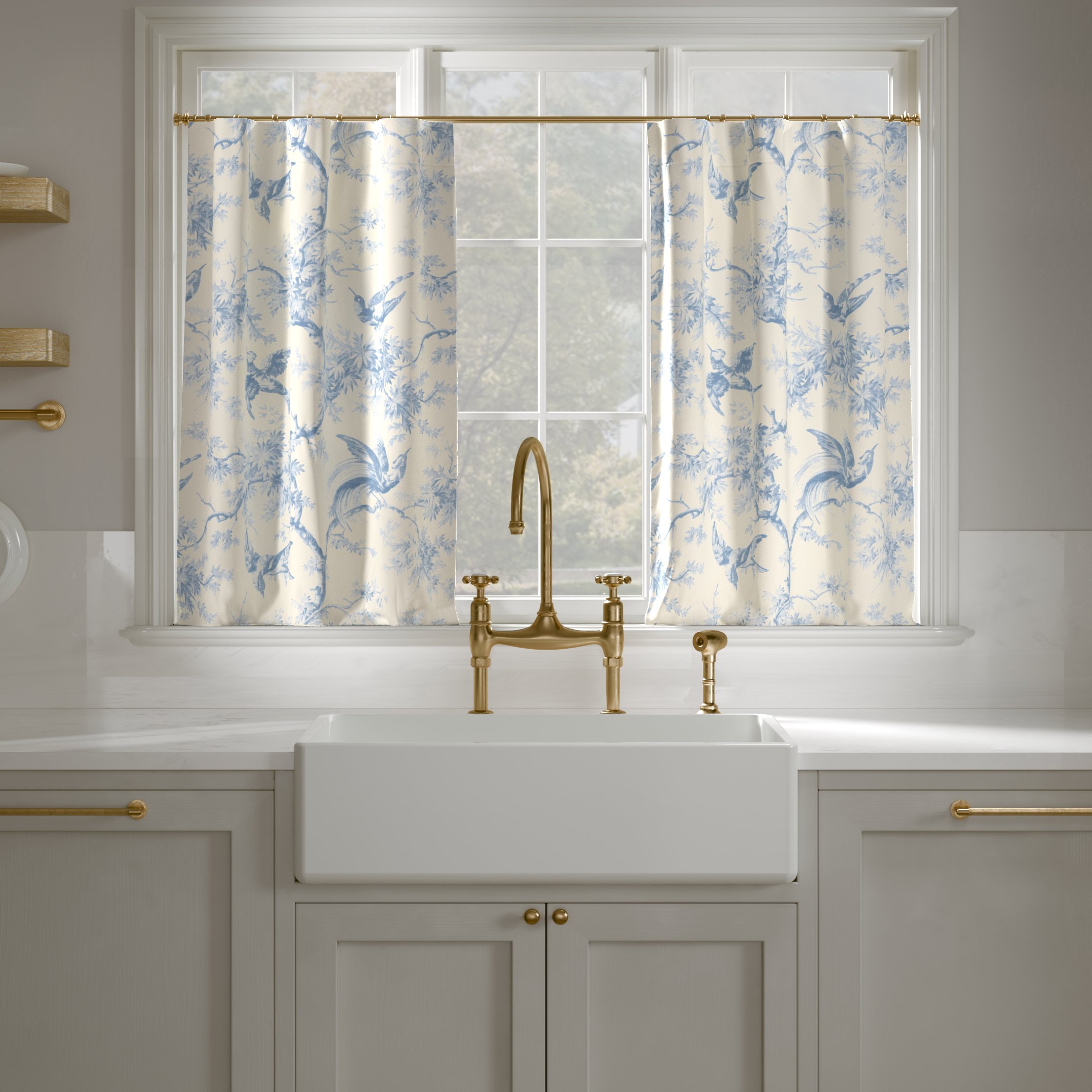 Printed Linen Café Curtain, Blue Swallows, 25" x 36", Privacy - Image 0