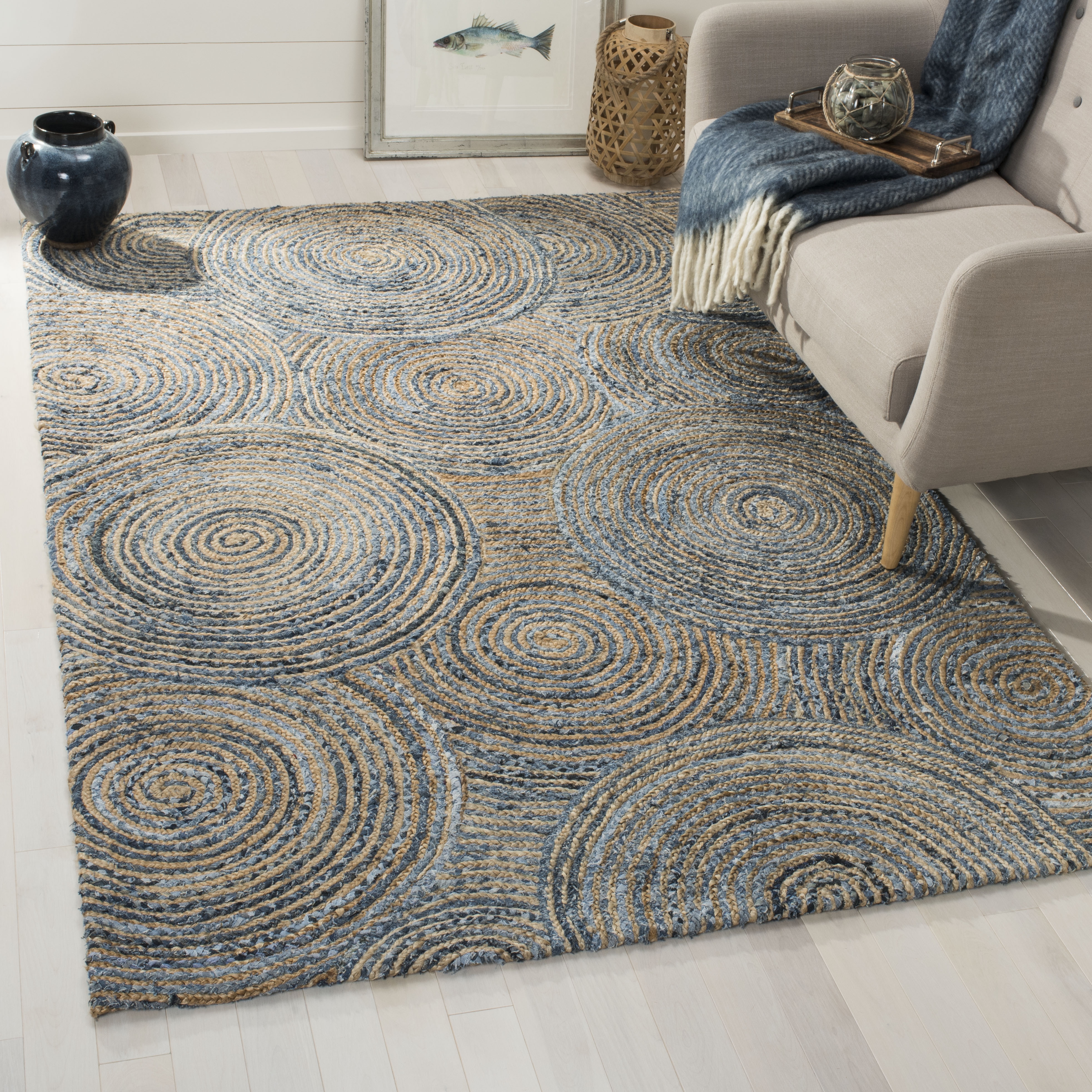 Arlo Home Hand Woven Area Rug, CAP603A, Natural/Denim,  4' X 6' - Image 1