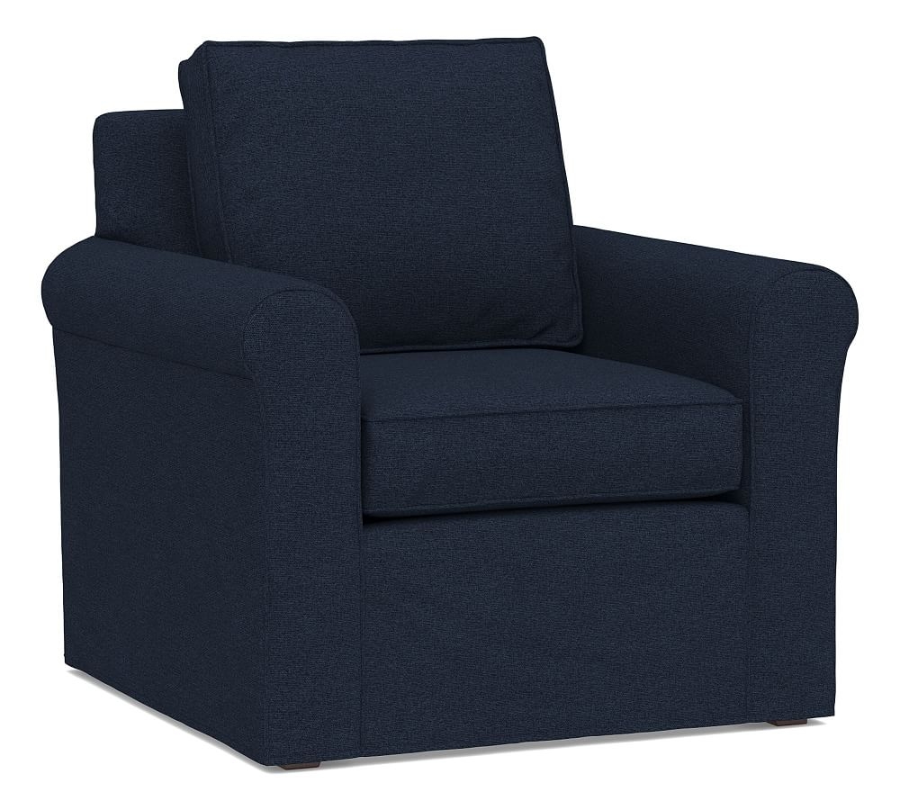 Cameron Roll Arm Slipcovered Armchair, Polyester Wrapped Cushions, Performance Heathered Basketweave Navy - Image 0