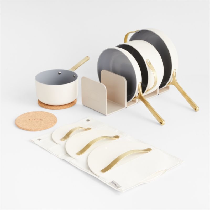 Caraway Home 7-Piece Cream Ceramic Non-Stick Cookware Set with Gold Hardware - Image 5