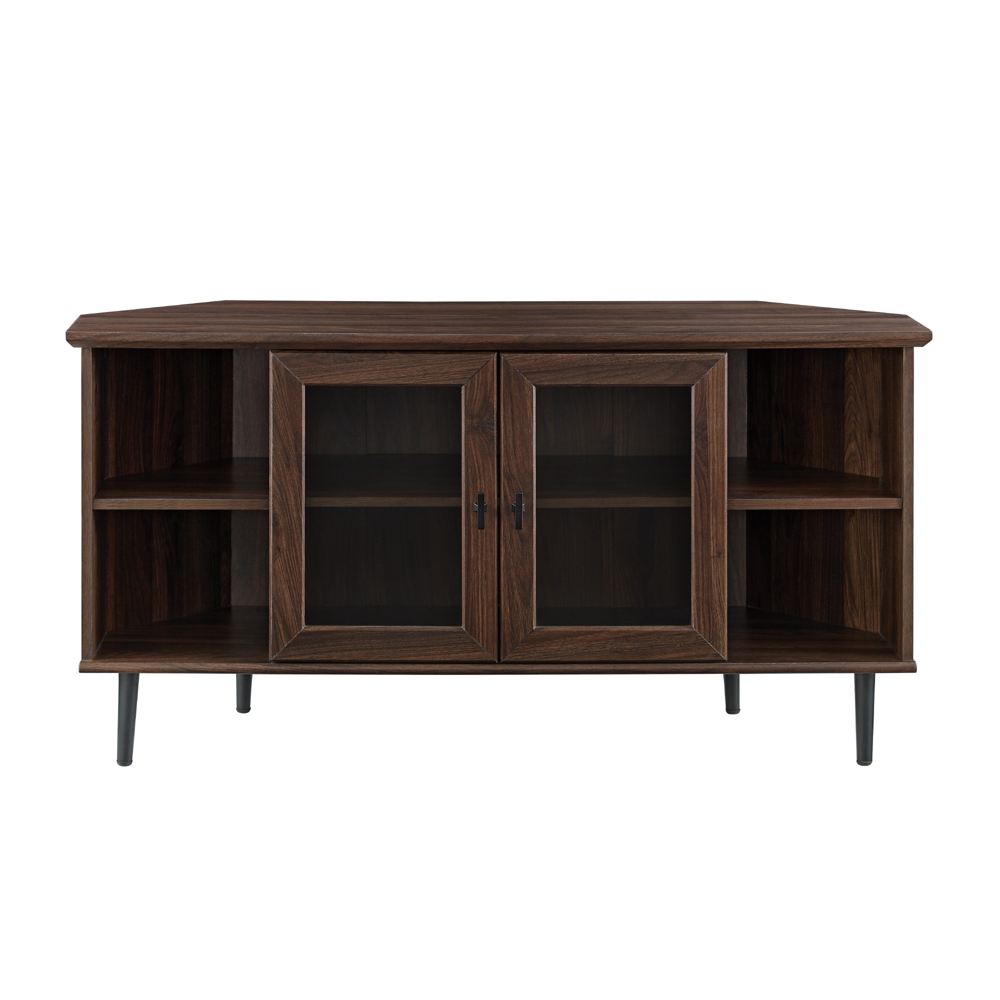 48" Simple Glass Door Corner TV Console - Dark Walnut - Image 1