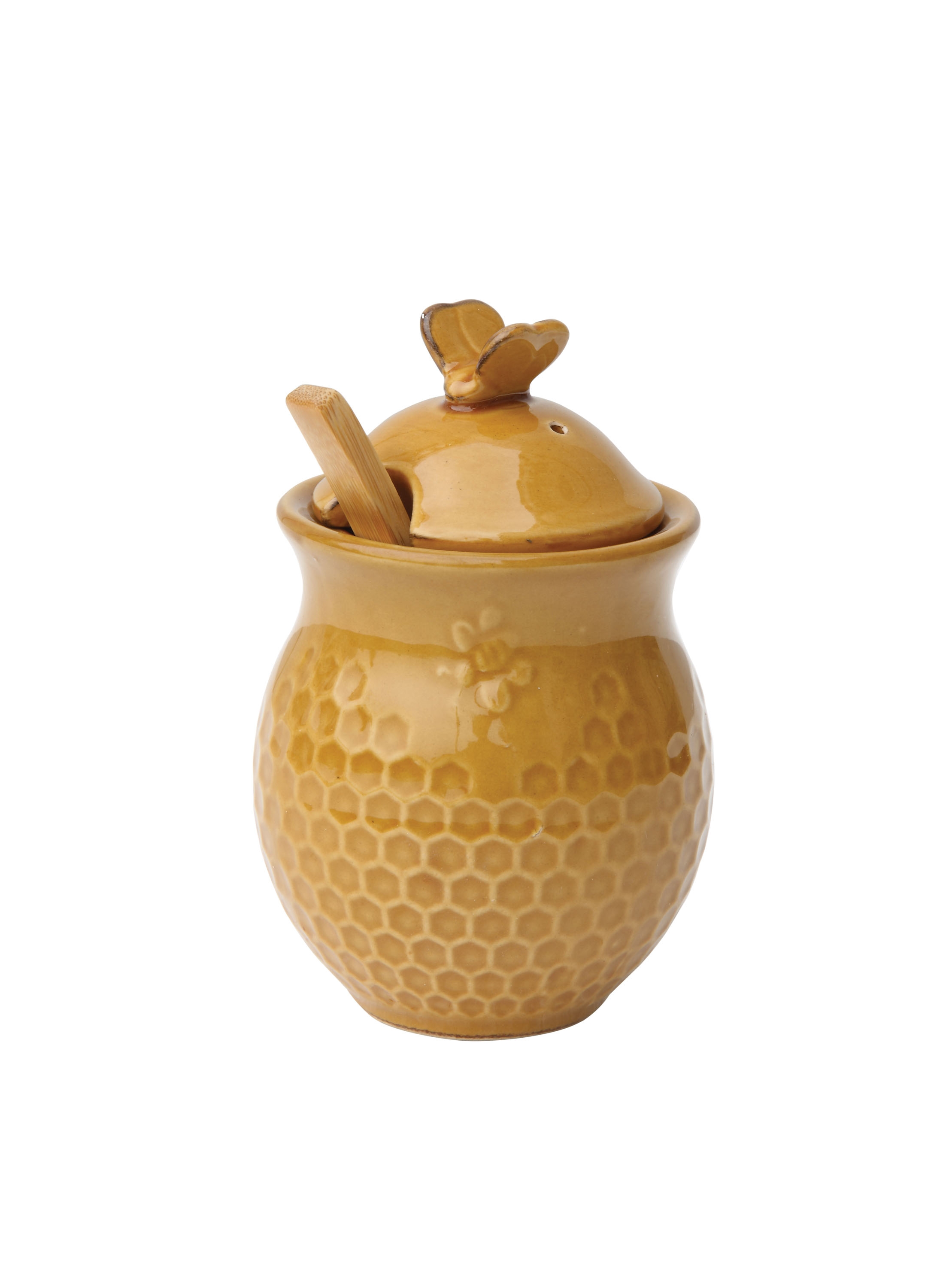 Yellow with Decorative Bees Stoneware Honey Jar with Lid & Wood Honey Dipper (Set of 2 Pieces) - Image 0