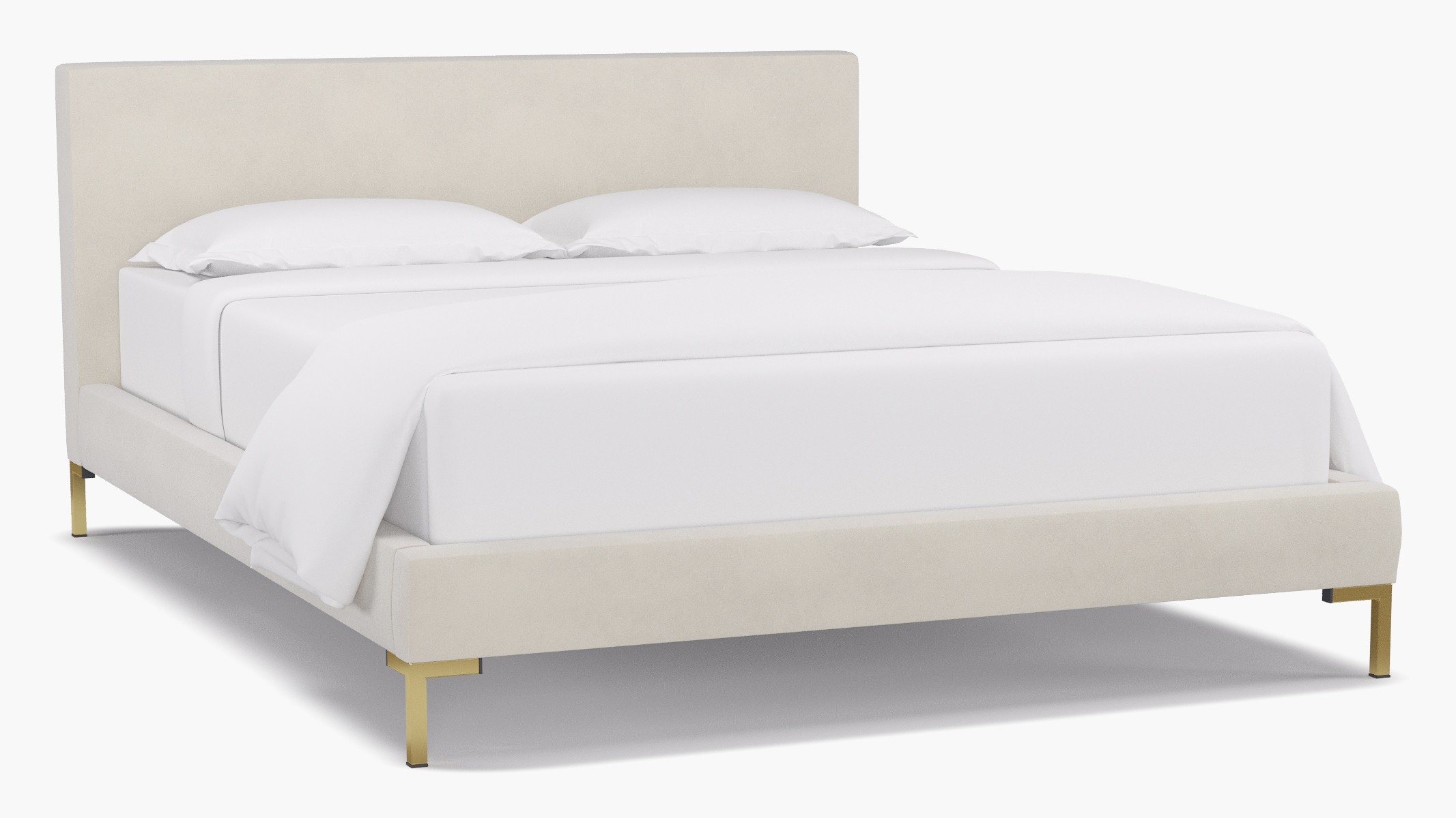 Modern Platform Bed, White Classic Velvet, Brass, Queen - Image 0