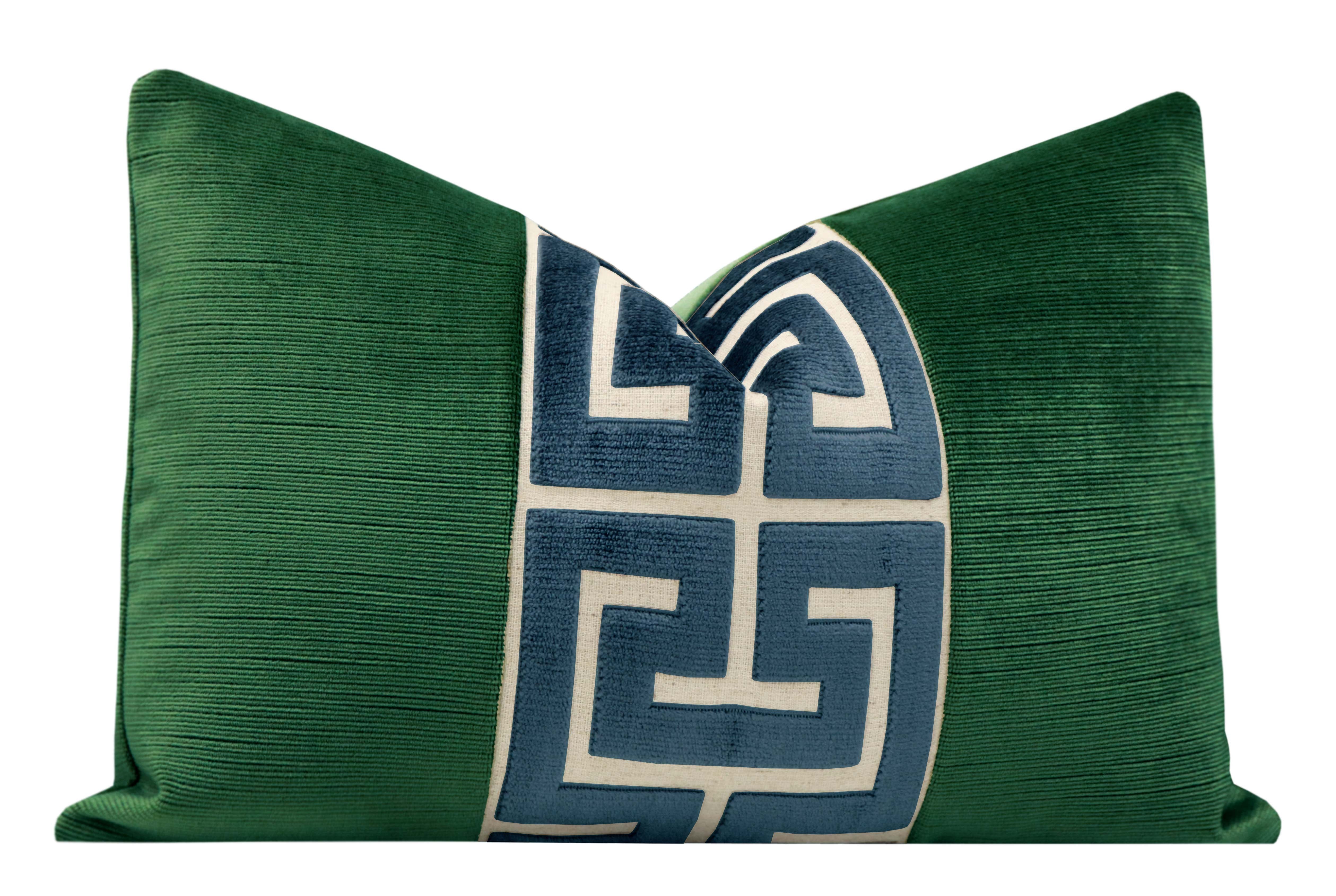 THE LITTLE LUMBAR :: STRIE VELVET // MALACHITE + NAVY BLUE GREEK TRIM - SAMPLE 4" X 4" - Image 1