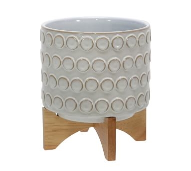 Elena Ivory Ceramic Planter on Wood Stand - Image 1