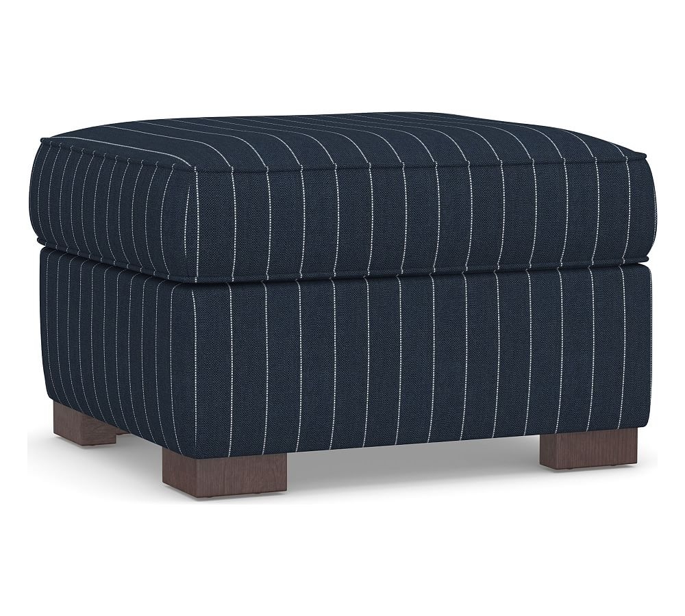 Townsend Upholstered Ottoman, Polyester Wrapped Cushions, Sunbrella(R) Performance Harbor Stripe Indigo - Image 0