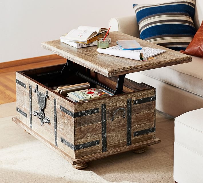 Kaplan Reclaimed Wood Lift-Top Trunk Coffee Table, Reclaimed White Wash, 36" - Image 1