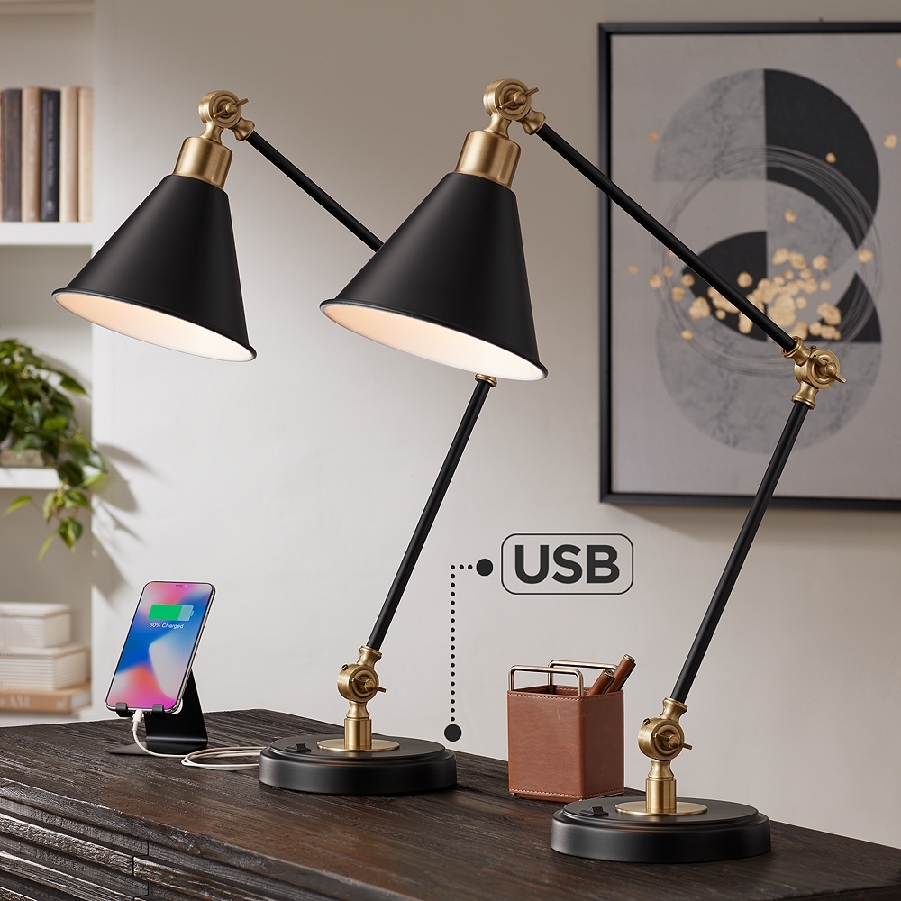 360 Lighting Wray Black and Brass Adjustable USB Desk Lamps Set of 2 - Image 0