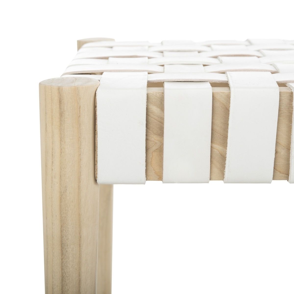 Amalia Leather Weave Bench, White & Natural - Image 3