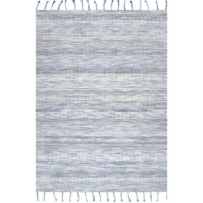 Striped Handmade Looped/Hooked Cotton Blue Area Rug - Image 0