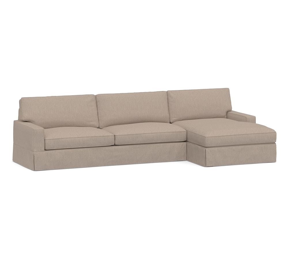 PB Comfort Square Arm Slipcovered Left Arm Sofa with Wide Chaise Sectional, Box Edge, Down Blend Wrapped Cushions, Sunbrella(R) Performance Sahara Weave Mushroom - Image 0