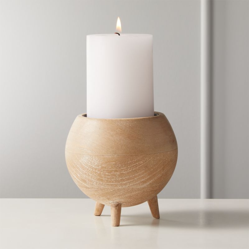 Russell Half Sphere White Wash Wood Pillar Candle Holder - Image 3
