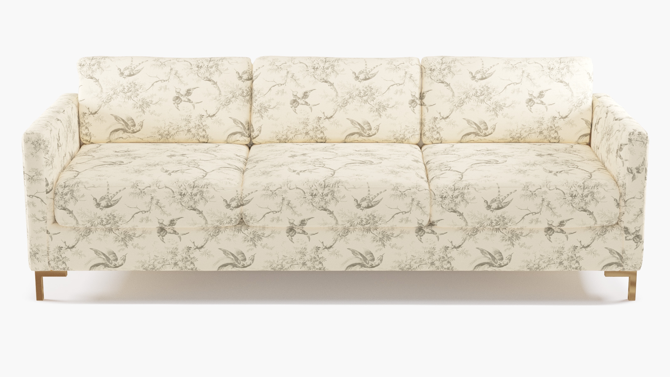 Modern Sofa, Cream Swallows, Brass L Leg - Image 0