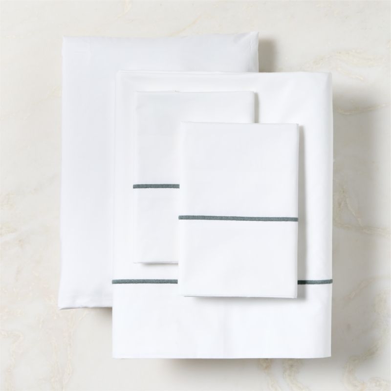 Marisal Organic Cotton Percale 400 Thread Count White and Faded Teal Queen Sheet Set - Image 1